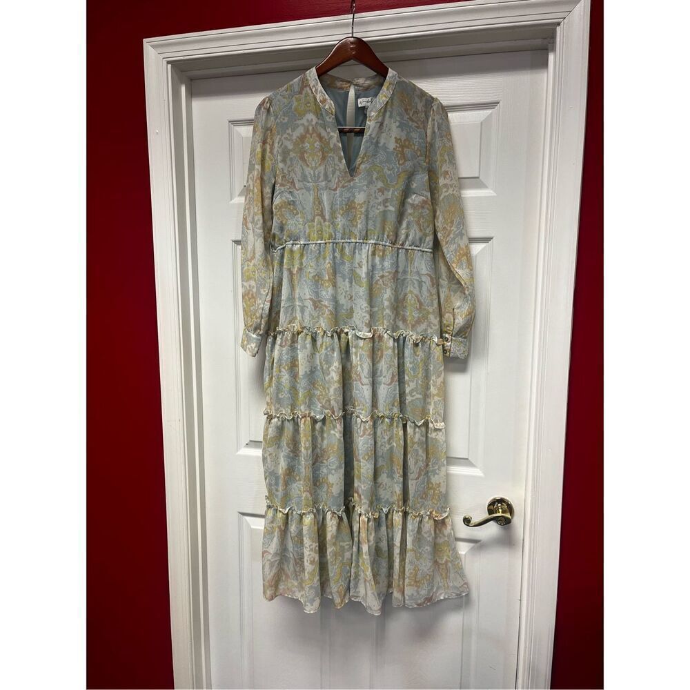Wonderly Muted Blue & Green Print Tiered Modest Maxi Dress sz M EUC